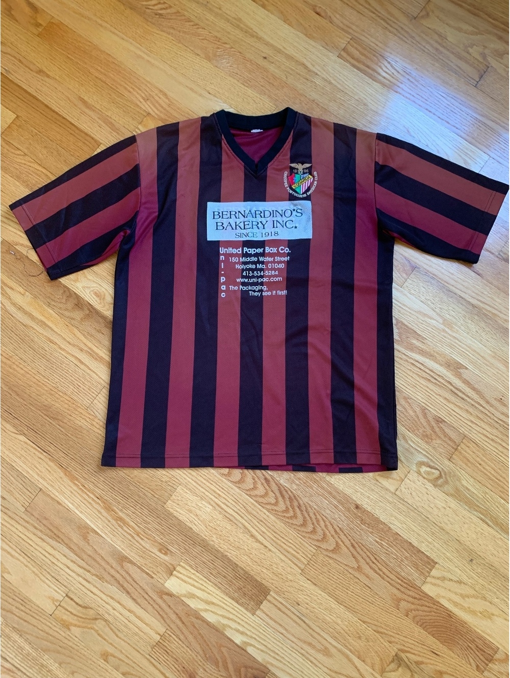 S L Benfica Red and Black Striped Soccer Jersey with Bernadinos Bakery logo